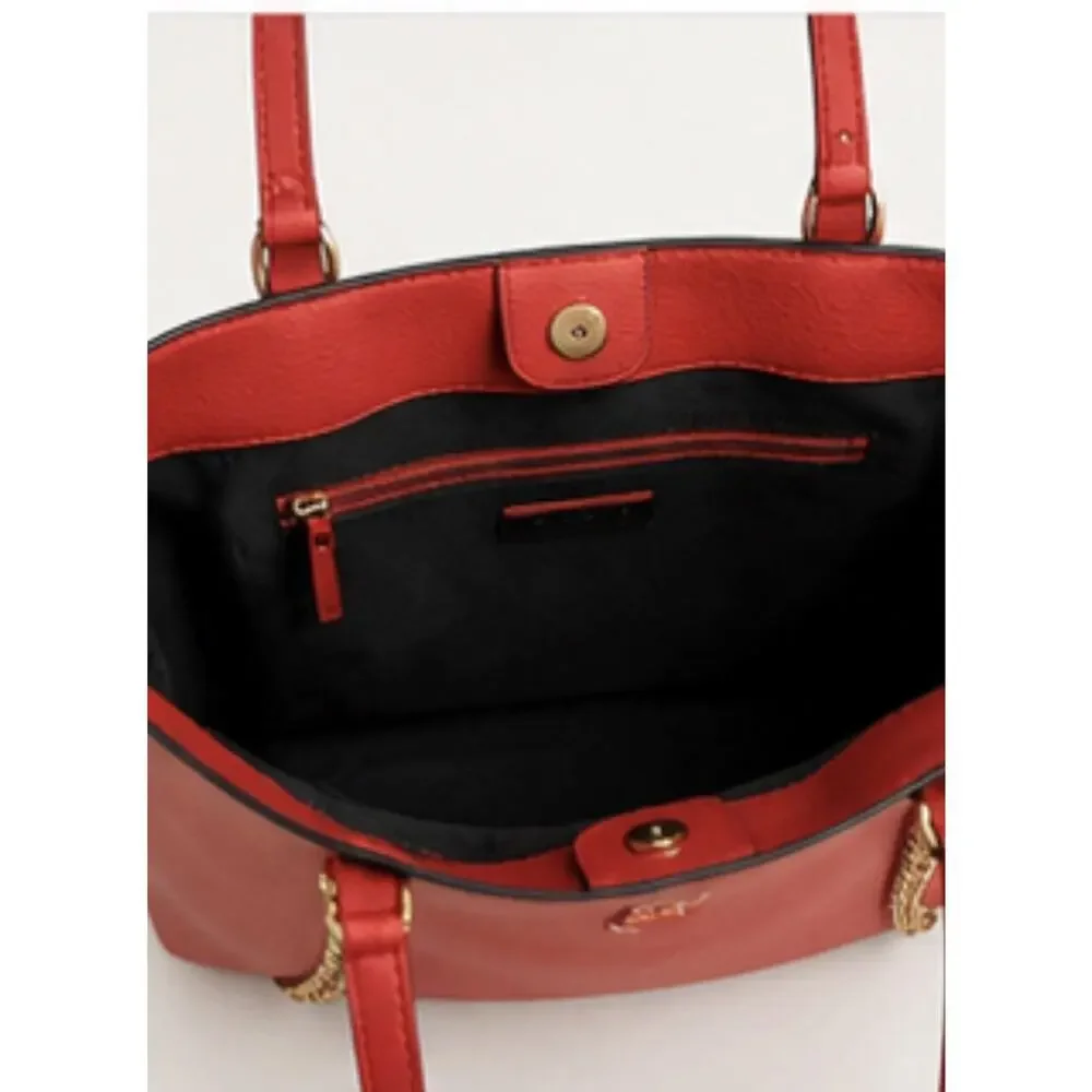 BCBG Paris Red Tote Handbag Faux Leather Gold Chain Accent Shoulder Bag